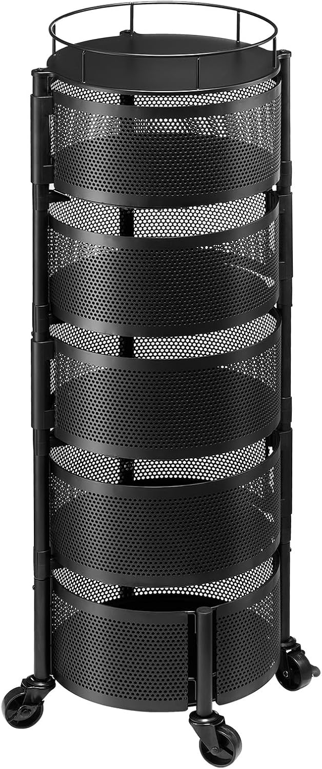 VEVOR Rotating Storage Rack Cart, 5 Tier Fruit and Vegetable Basket Bowls, Heavy Duty Wire Basket Organizer on Wheels, Large Capacity Stand with Metal Top Lid, for Kitchen Bathroom Nursery, Black