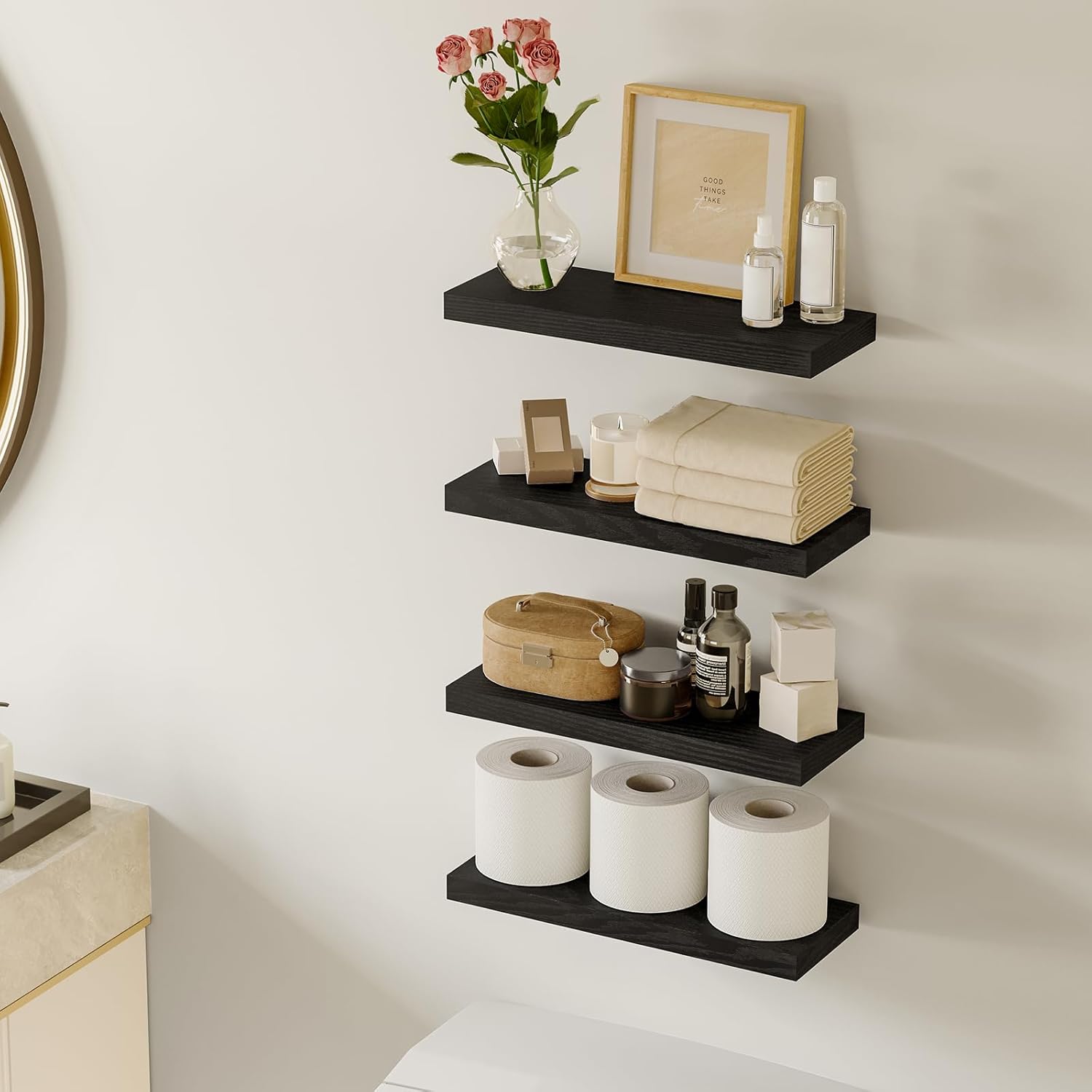 Fixwal Black Floating Shelves for Wall, Rustic Wood Shelves for Bathroom, Living Room, Bedroom and Kitchen, Wall Shelves for Storage, Books, Room Decor (Set of 4, 15.7 Inch)