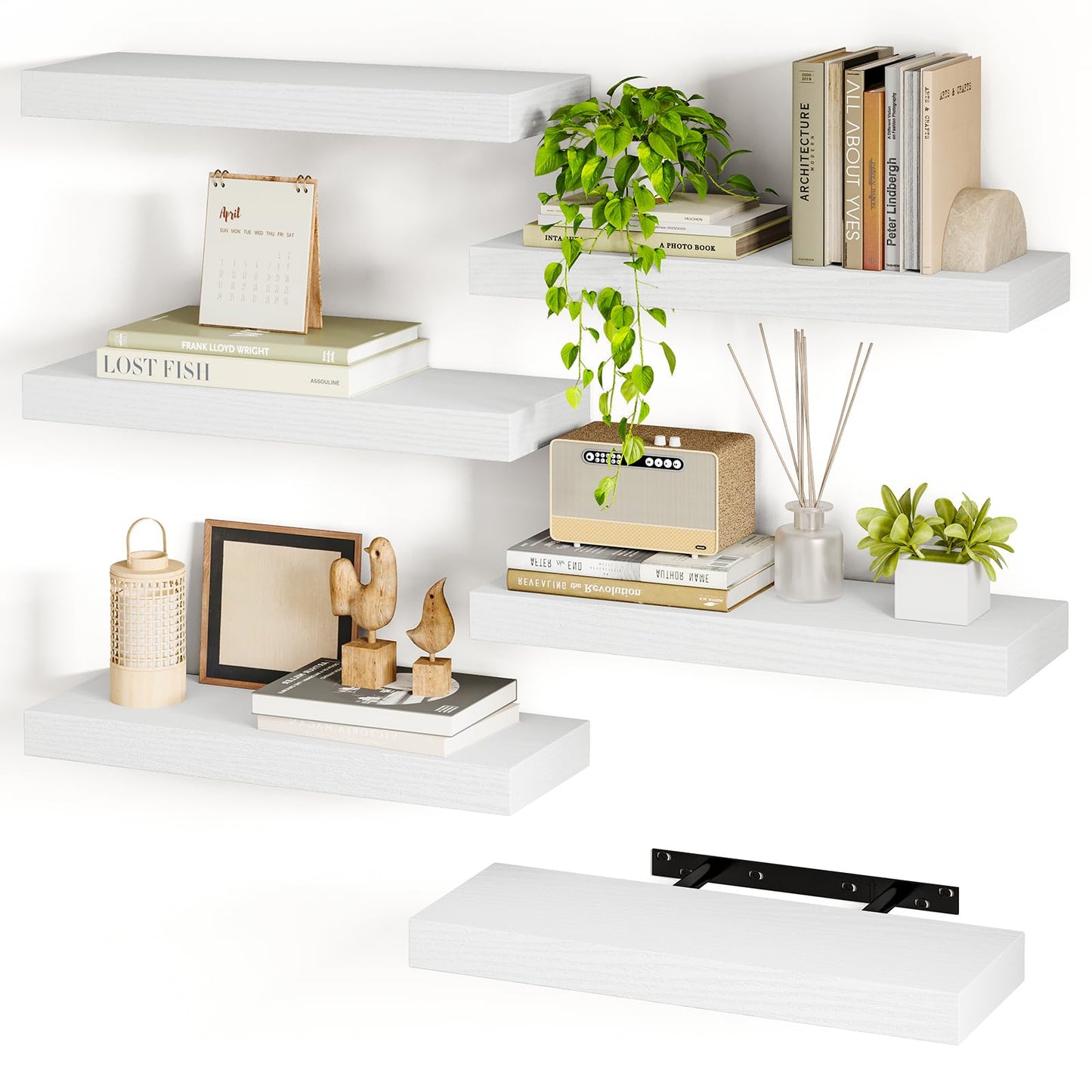 Fixwal Black Floating Shelves for Wall, Rustic Wood Shelves for Bathroom, Living Room, Bedroom and Kitchen, Wall Shelves for Storage, Books, Room Decor (Set of 4, 15.7 Inch)