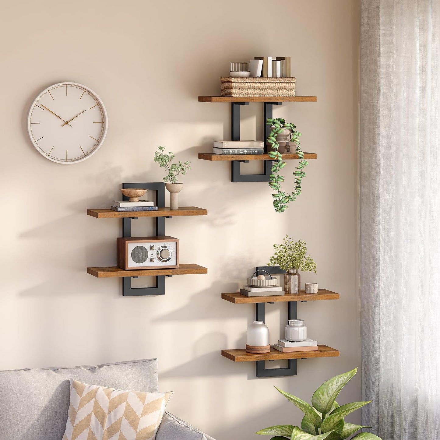 HOOBRO Floating Shelves, 15 Inch Wall Shelf Set of 2, Wall Mounted Storage Shelves 2-Tier, Hanging Bathroom Shelves, for Living Room, Bedroom, Bathroom, Kitchen, Rustic Brown and Black BF32BJ01G1
