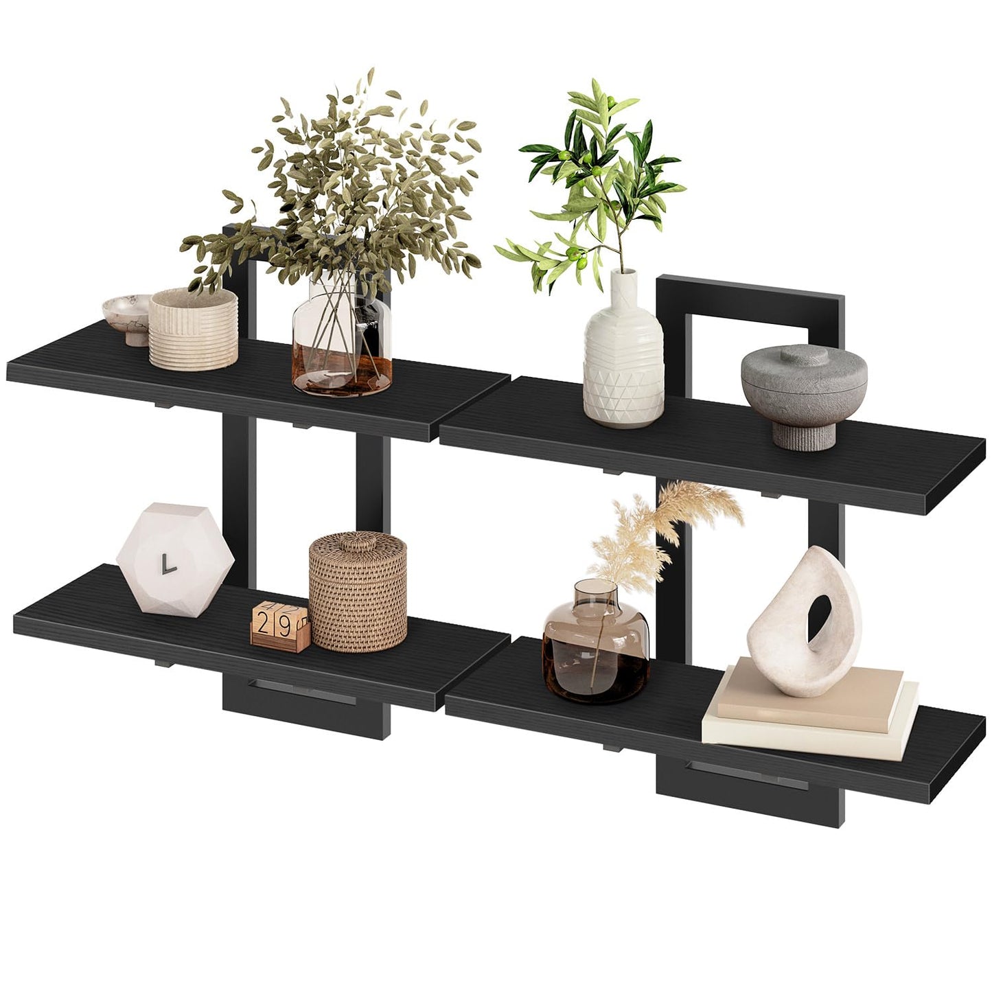 HOOBRO Floating Shelves, 15 Inch Wall Shelf Set of 2, Wall Mounted Storage Shelves 2-Tier, Hanging Bathroom Shelves, for Living Room, Bedroom, Bathroom, Kitchen, Rustic Brown and Black BF32BJ01G1