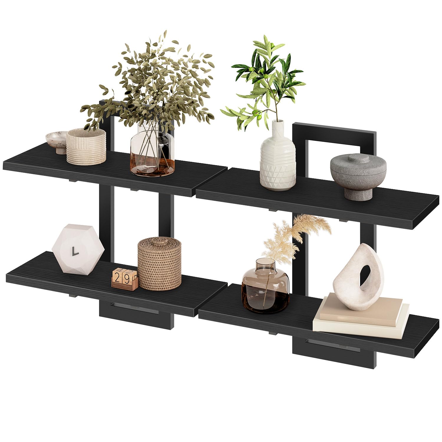 HOOBRO Floating Shelves, 15 Inch Wall Shelf Set of 2, Wall Mounted Storage Shelves 2-Tier, Hanging Bathroom Shelves, for Living Room, Bedroom, Bathroom, Kitchen, Rustic Brown and Black BF32BJ01G1