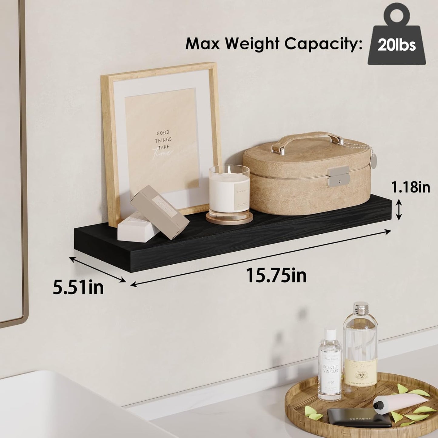 Fixwal Black Floating Shelves for Wall, Rustic Wood Shelves for Bathroom, Living Room, Bedroom and Kitchen, Wall Shelves for Storage, Books, Room Decor (Set of 4, 15.7 Inch)