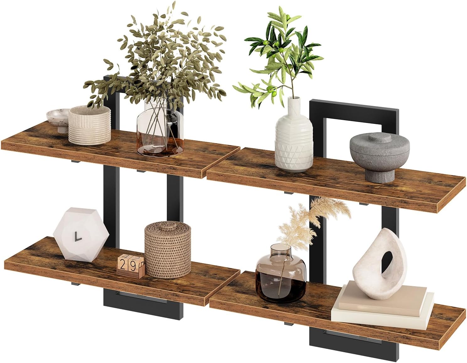 HOOBRO Floating Shelves, 15 Inch Wall Shelf Set of 2, Wall Mounted Storage Shelves 2-Tier, Hanging Bathroom Shelves, for Living Room, Bedroom, Bathroom, Kitchen, Rustic Brown and Black BF32BJ01G1