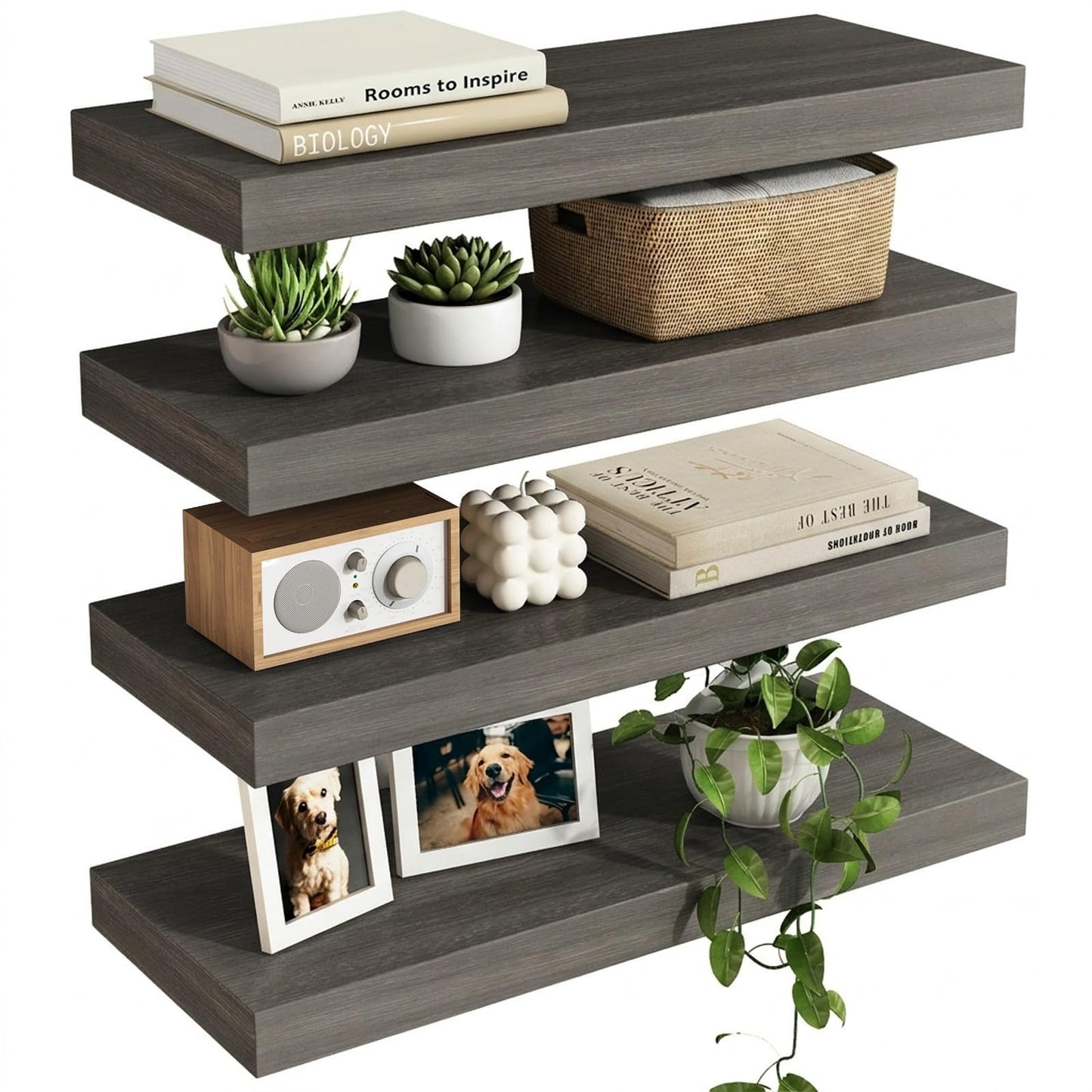 Fixwal Black Floating Shelves for Wall, Rustic Wood Shelves for Bathroom, Living Room, Bedroom and Kitchen, Wall Shelves for Storage, Books, Room Decor (Set of 4, 15.7 Inch)