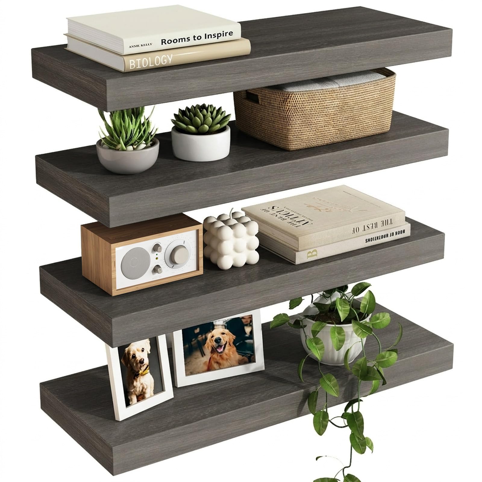Fixwal Black Floating Shelves for Wall, Rustic Wood Shelves for Bathroom, Living Room, Bedroom and Kitchen, Wall Shelves for Storage, Books, Room Decor (Set of 4, 15.7 Inch)