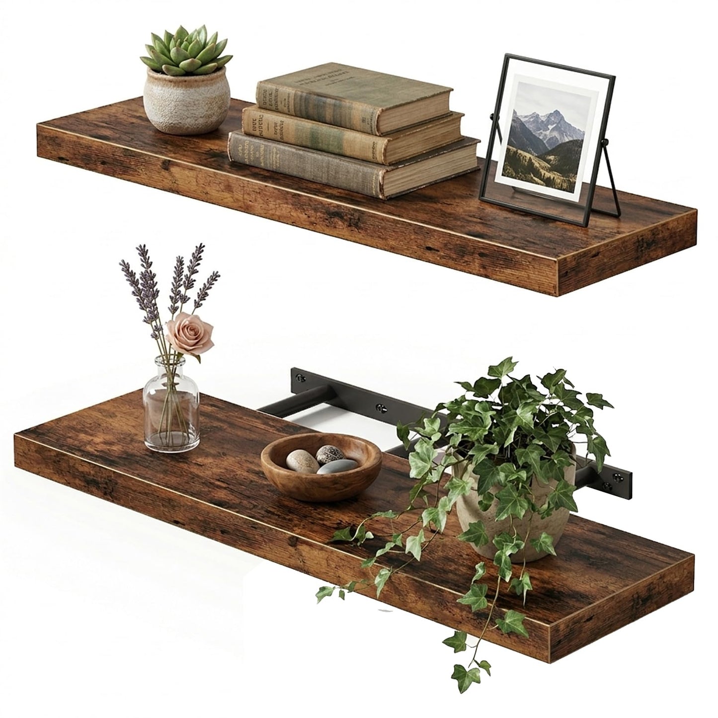 Fixwal Black Floating Shelves for Wall, Rustic Wood Shelves for Bathroom, Living Room, Bedroom and Kitchen, Wall Shelves for Storage, Books, Room Decor (Set of 4, 15.7 Inch)