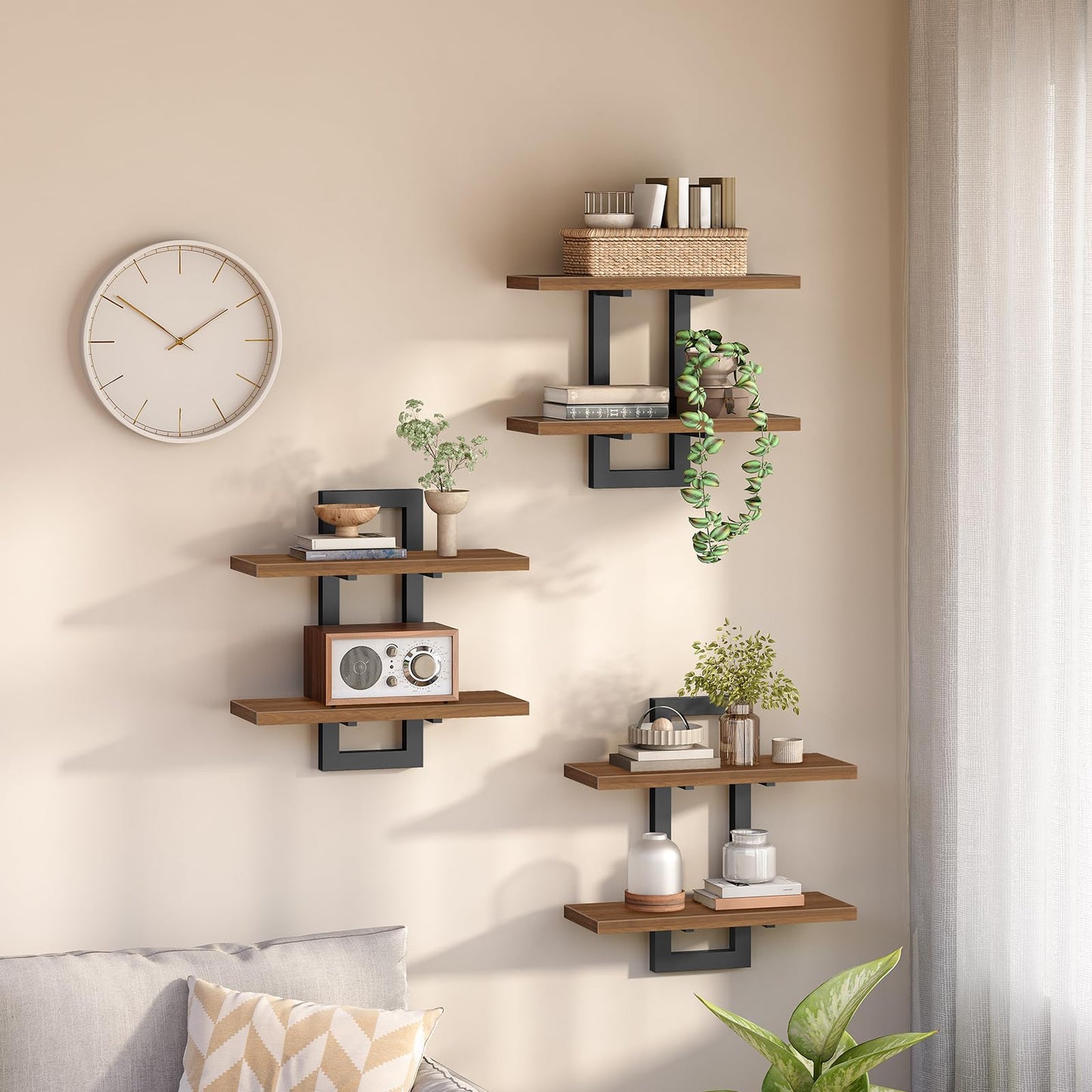 HOOBRO Floating Shelves, 15 Inch Wall Shelf Set of 2, Wall Mounted Storage Shelves 2-Tier, Hanging Bathroom Shelves, for Living Room, Bedroom, Bathroom, Kitchen, Rustic Brown and Black BF32BJ01G1