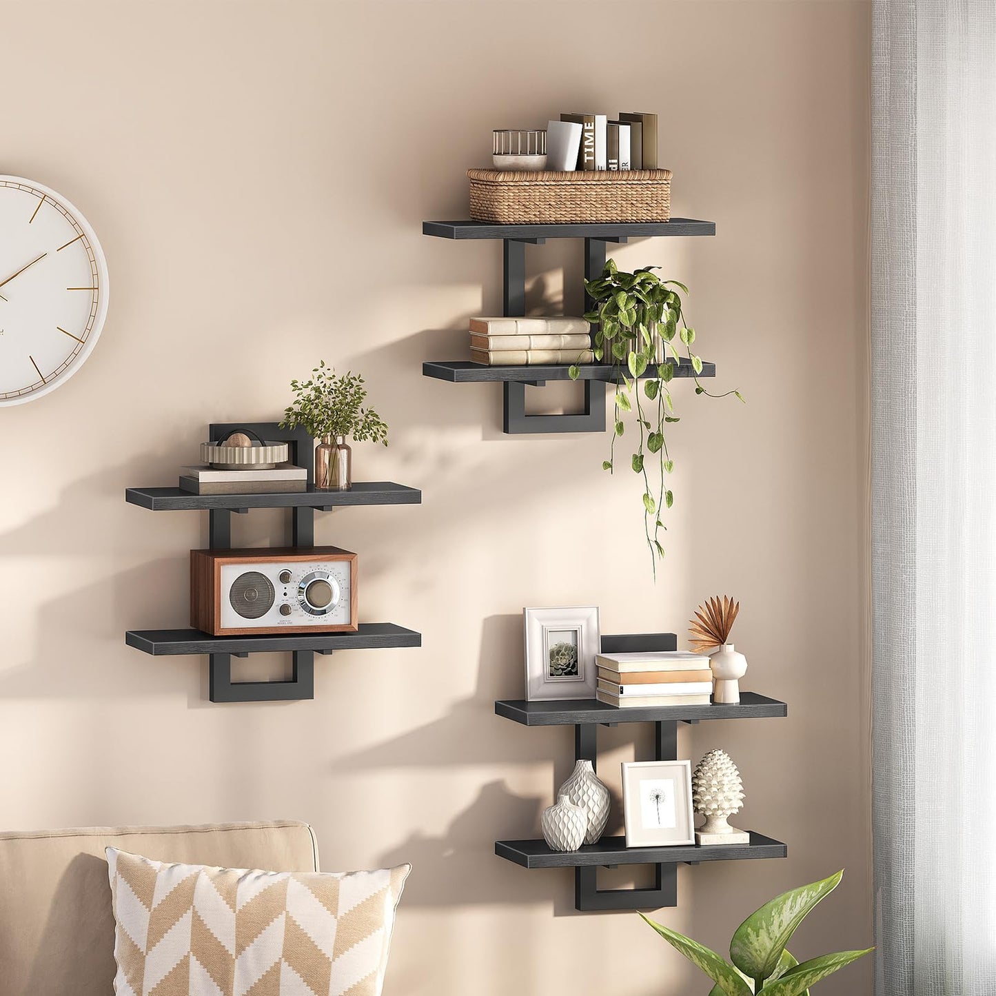 HOOBRO Floating Shelves, 15 Inch Wall Shelf Set of 2, Wall Mounted Storage Shelves 2-Tier, Hanging Bathroom Shelves, for Living Room, Bedroom, Bathroom, Kitchen, Rustic Brown and Black BF32BJ01G1
