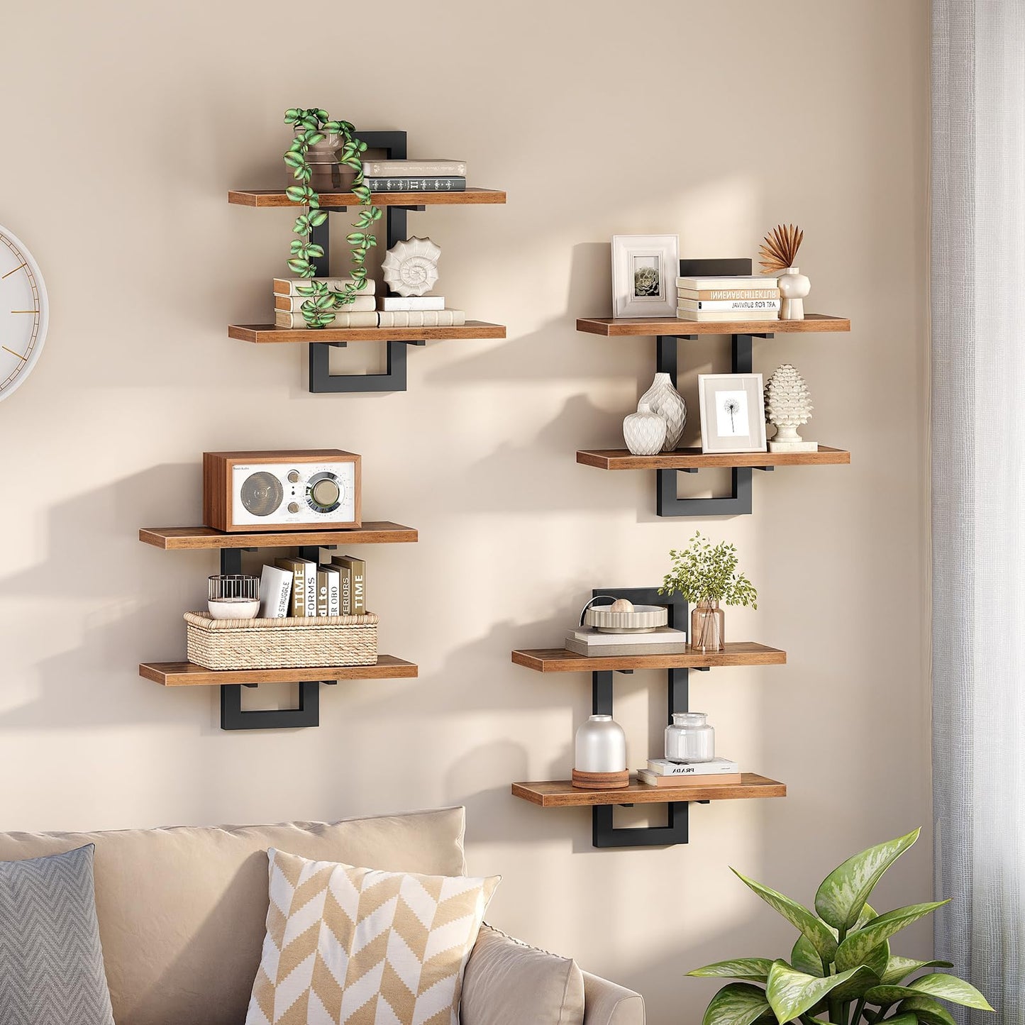 HOOBRO Floating Shelves, 15 Inch Wall Shelf Set of 2, Wall Mounted Storage Shelves 2-Tier, Hanging Bathroom Shelves, for Living Room, Bedroom, Bathroom, Kitchen, Rustic Brown and Black BF32BJ01G1