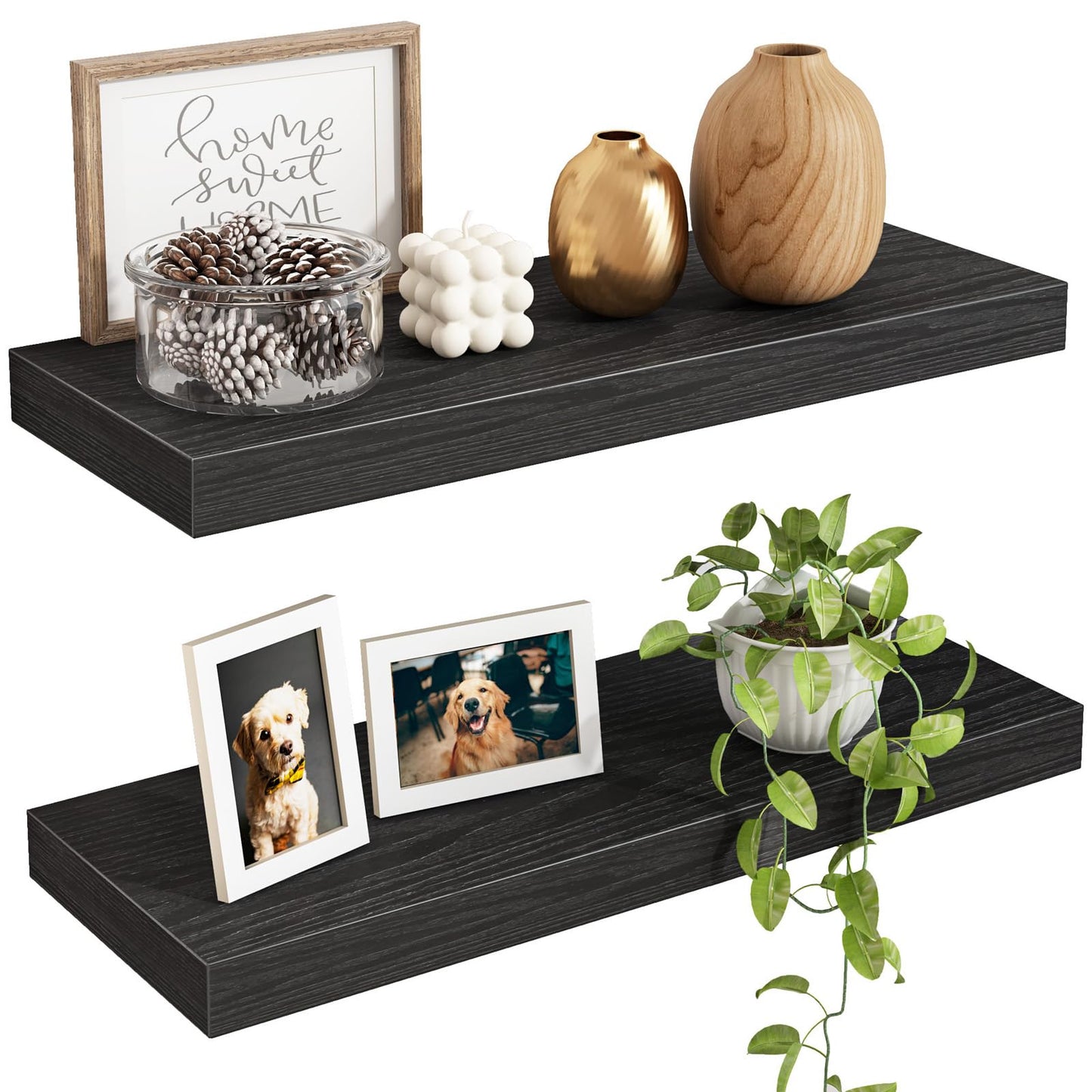 Fixwal Black Floating Shelves for Wall, Rustic Wood Shelves for Bathroom, Living Room, Bedroom and Kitchen, Wall Shelves for Storage, Books, Room Decor (Set of 4, 15.7 Inch)