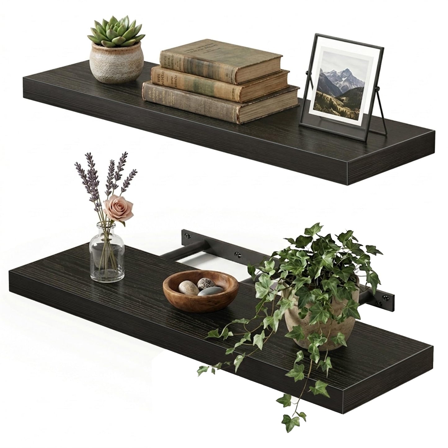 Fixwal Black Floating Shelves for Wall, Rustic Wood Shelves for Bathroom, Living Room, Bedroom and Kitchen, Wall Shelves for Storage, Books, Room Decor (Set of 4, 15.7 Inch)