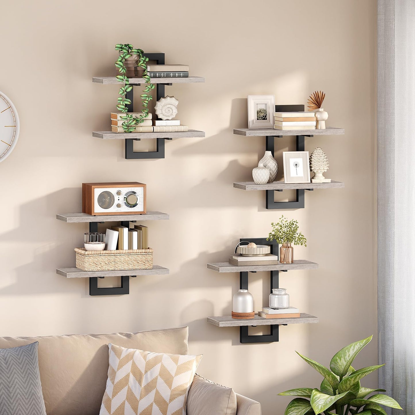 HOOBRO Floating Shelves, 15 Inch Wall Shelf Set of 2, Wall Mounted Storage Shelves 2-Tier, Hanging Bathroom Shelves, for Living Room, Bedroom, Bathroom, Kitchen, Rustic Brown and Black BF32BJ01G1