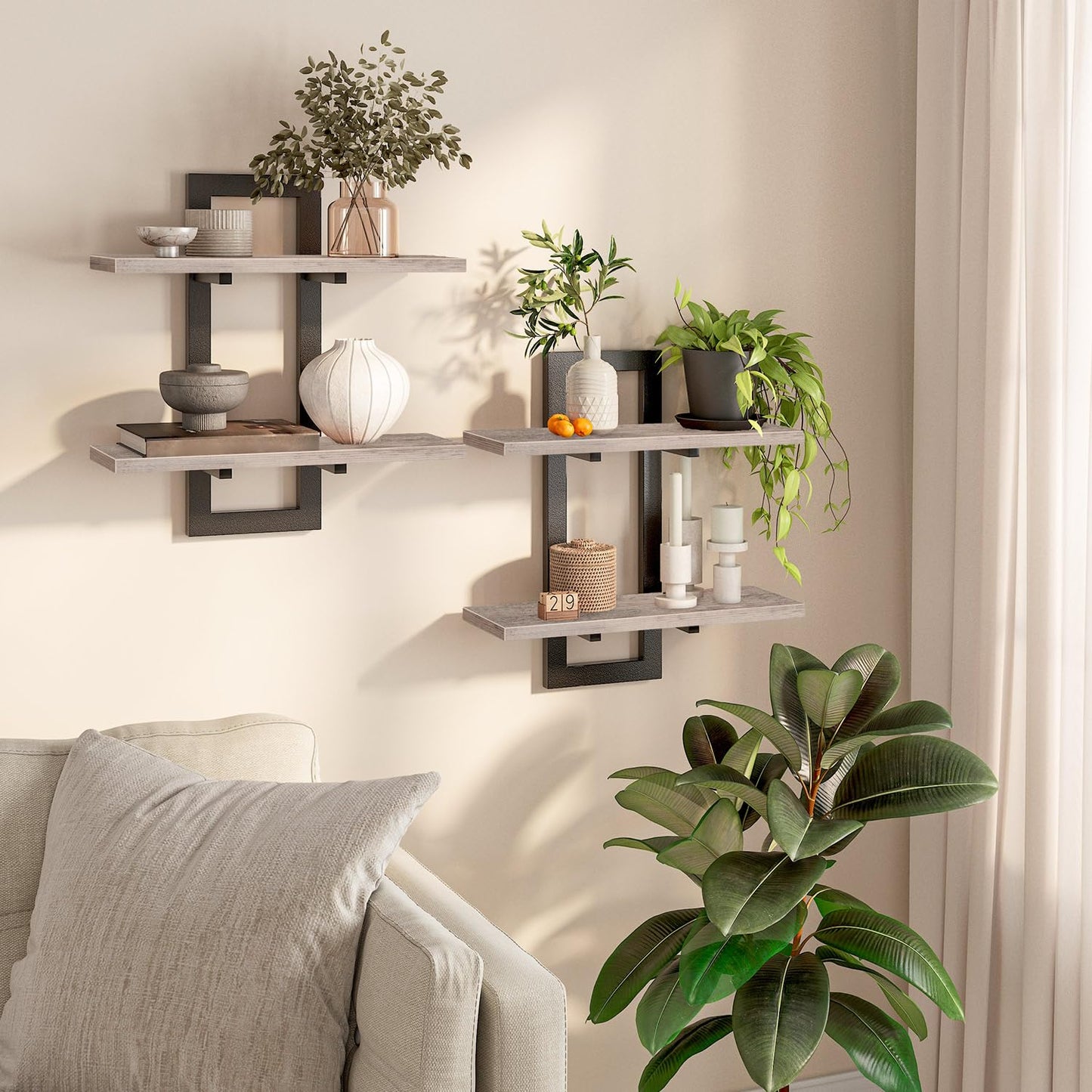 HOOBRO Floating Shelves, 15 Inch Wall Shelf Set of 2, Wall Mounted Storage Shelves 2-Tier, Hanging Bathroom Shelves, for Living Room, Bedroom, Bathroom, Kitchen, Rustic Brown and Black BF32BJ01G1