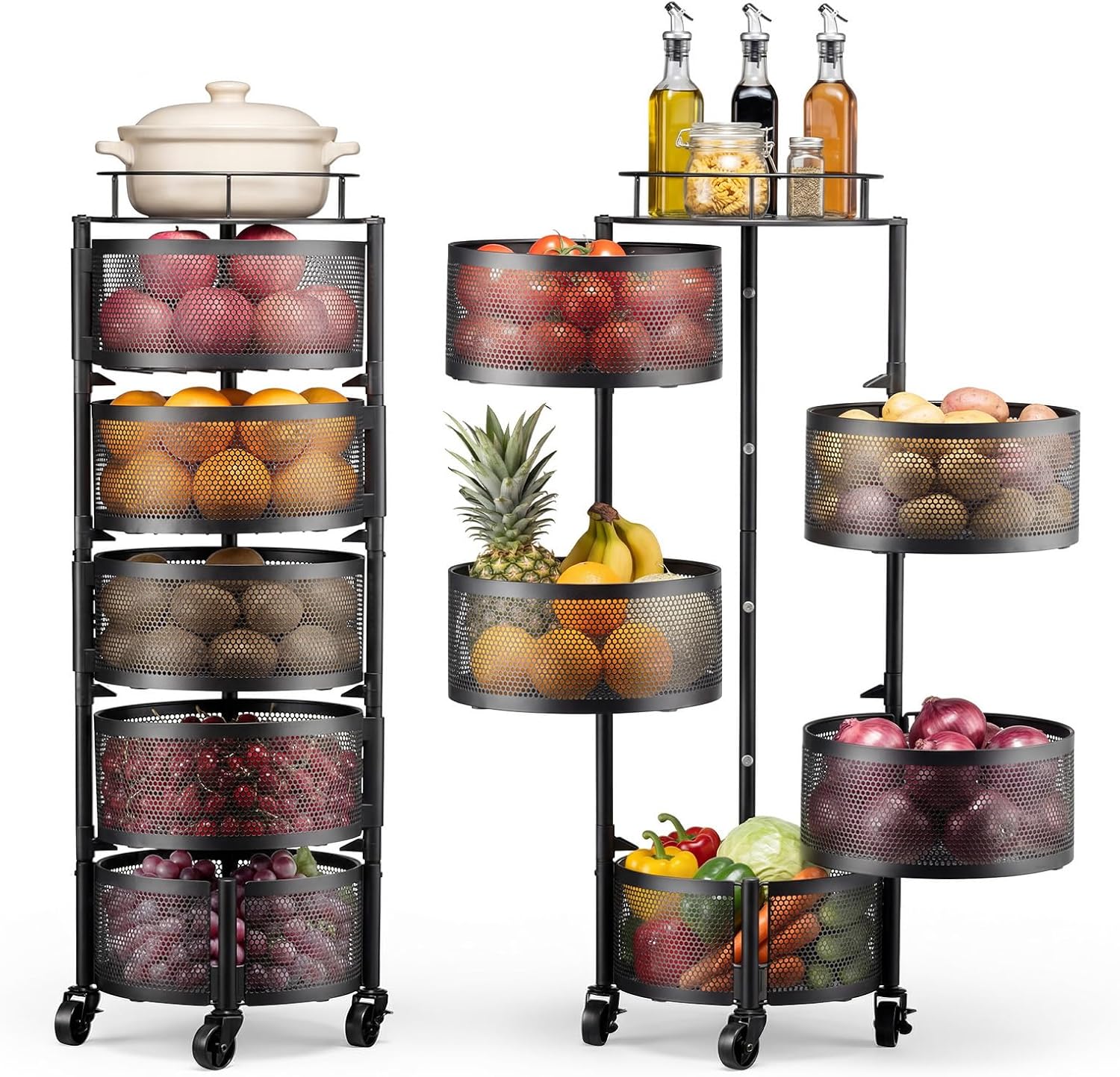 VEVOR Rotating Storage Rack Cart, 5 Tier Fruit and Vegetable Basket Bowls, Heavy Duty Wire Basket Organizer on Wheels, Large Capacity Stand with Metal Top Lid, for Kitchen Bathroom Nursery, Black