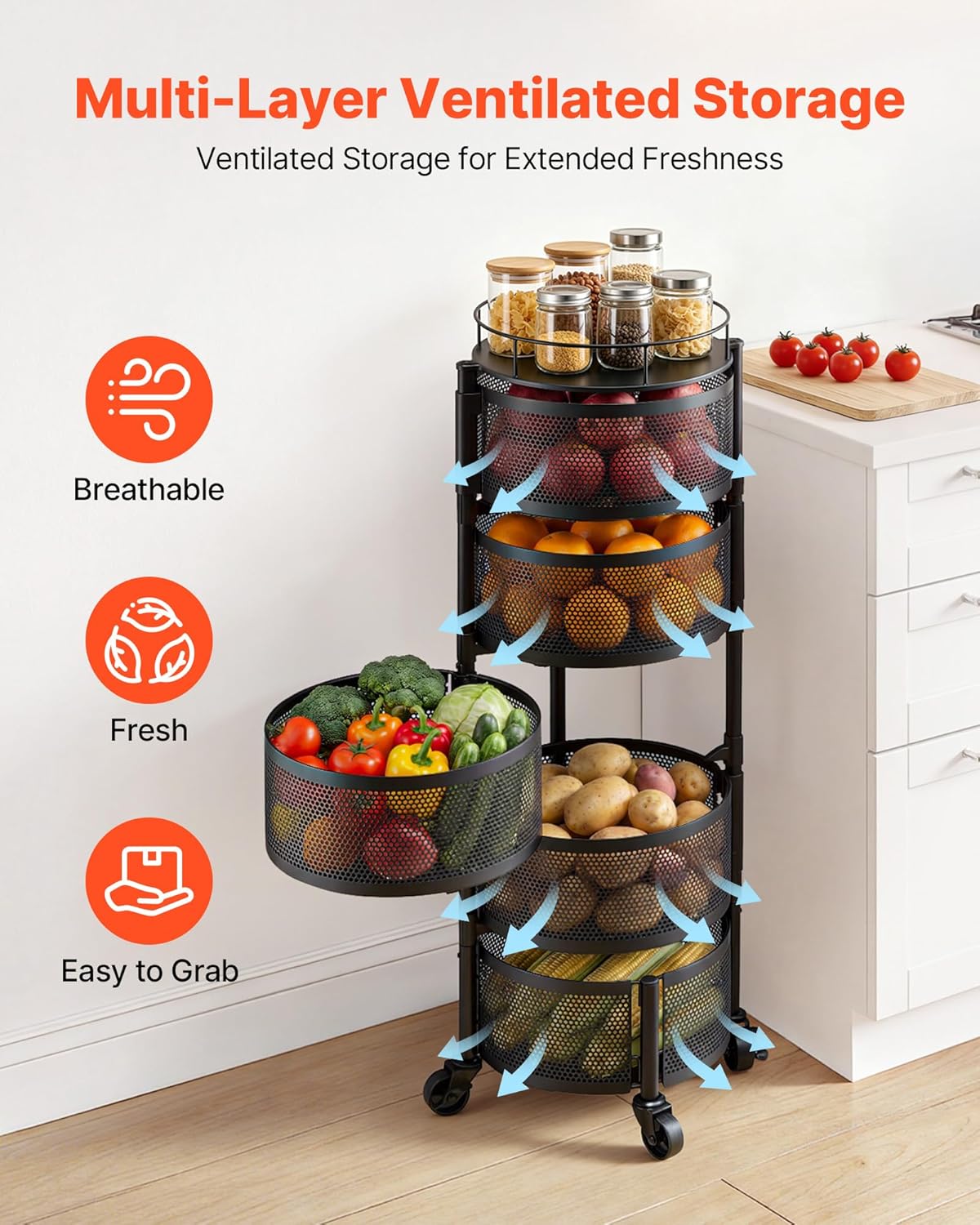 VEVOR Rotating Storage Rack Cart, 5 Tier Fruit and Vegetable Basket Bowls, Heavy Duty Wire Basket Organizer on Wheels, Large Capacity Stand with Metal Top Lid, for Kitchen Bathroom Nursery, Black