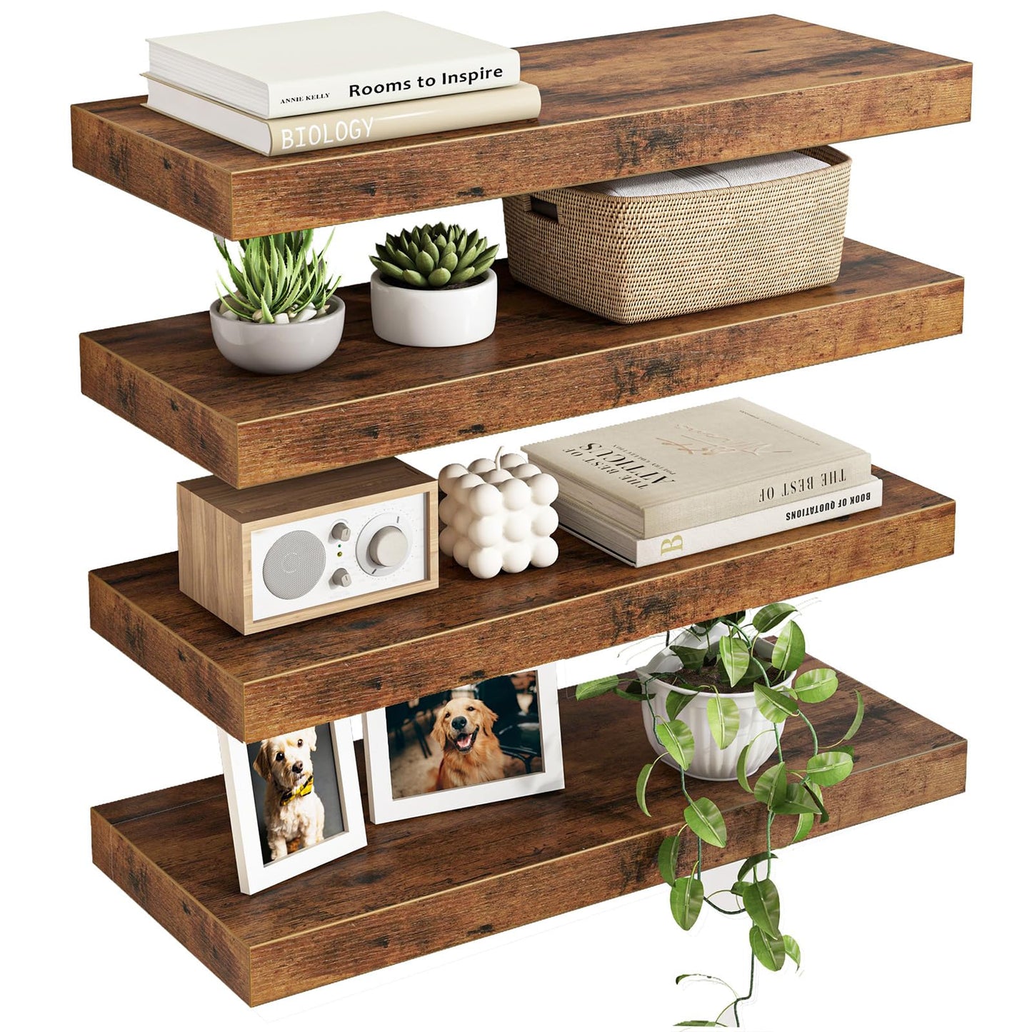 Fixwal Black Floating Shelves for Wall, Rustic Wood Shelves for Bathroom, Living Room, Bedroom and Kitchen, Wall Shelves for Storage, Books, Room Decor (Set of 4, 15.7 Inch)